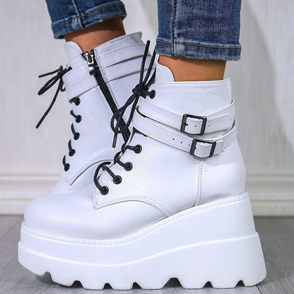 PU Leather Lace-Up Wedge Boots (white or black)