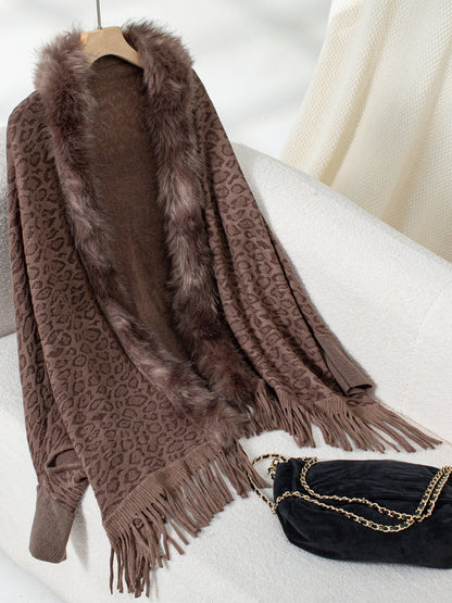 Fringe Leopard Open Front Long Sleeve Poncho (beige/chocolate/indigo/burgundy/brown/black)