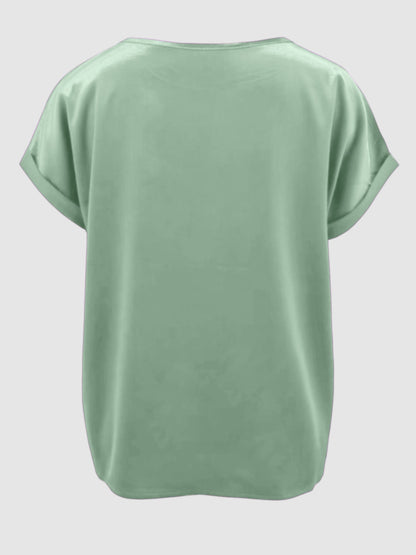 Satin Round Neck Short Sleeve Blouse (black/white/royal blue/lilac/pink/blue/burgundy/green)-SMALL-2XL