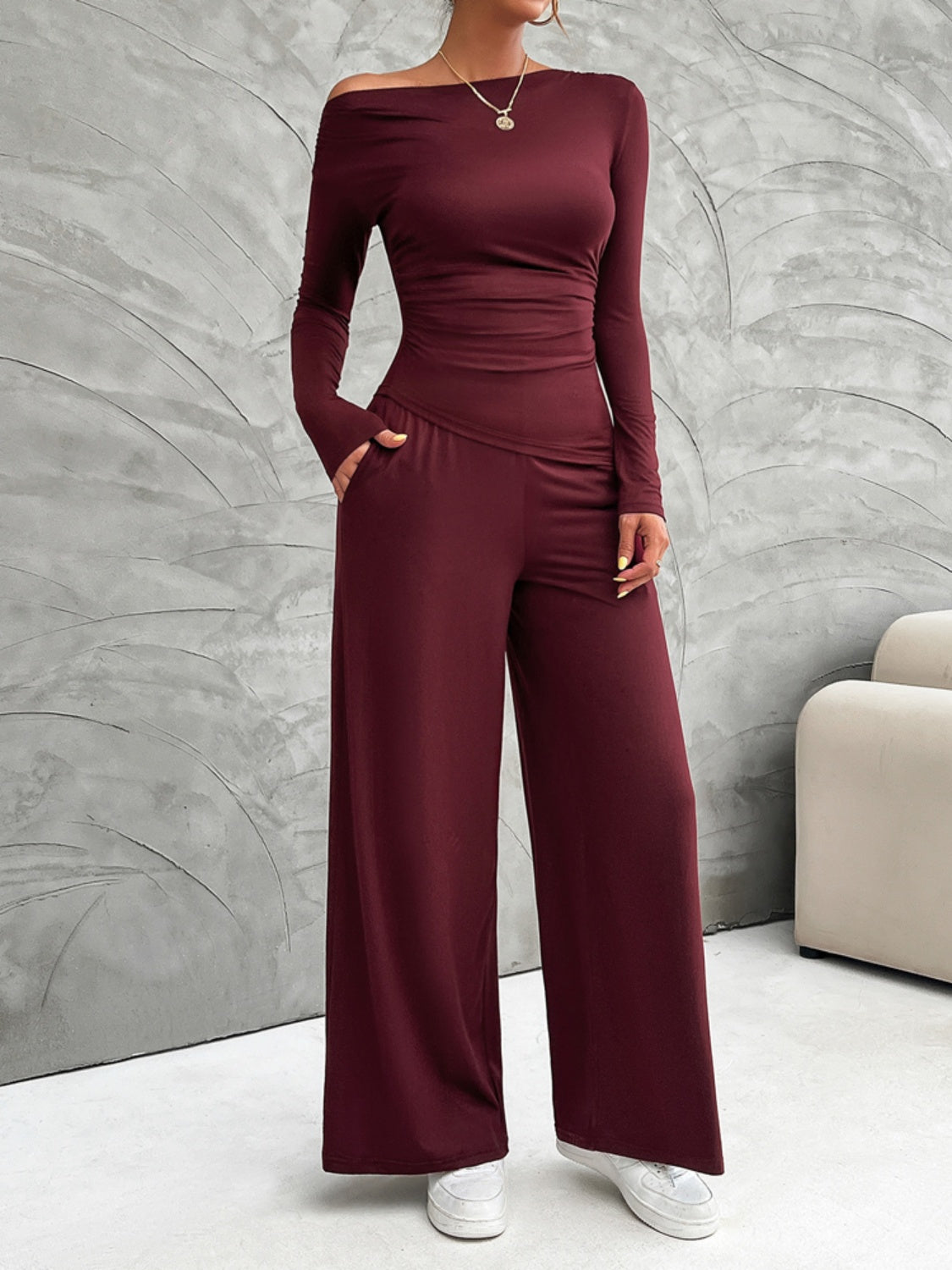 Long Sleeve Top and Wide Leg Pants Set (cream/black/burgundy/gray)-SMALL-XL