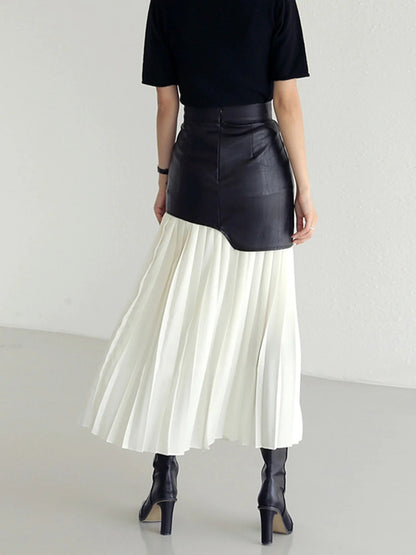 ON SALE:::: PU Leather/Polyester Pleated Contrast High Rise Skirt-SMALL-2XL