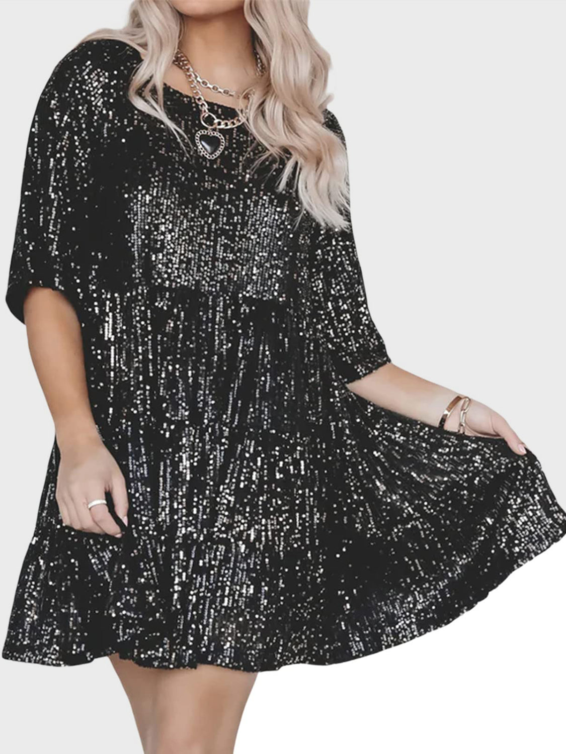 Full Size Sequin Round Neck Half Sleeve Mini Dress-SMALL-3XL (Many colors)