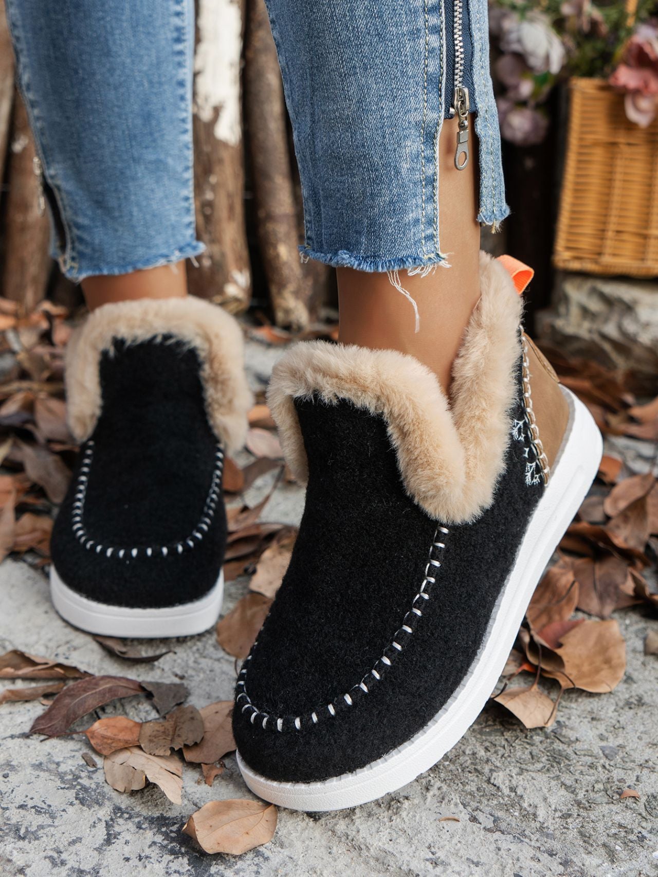 Furry Suede Round Toe Flat slip on boots (navy/chocolate/black/gray/beige)
