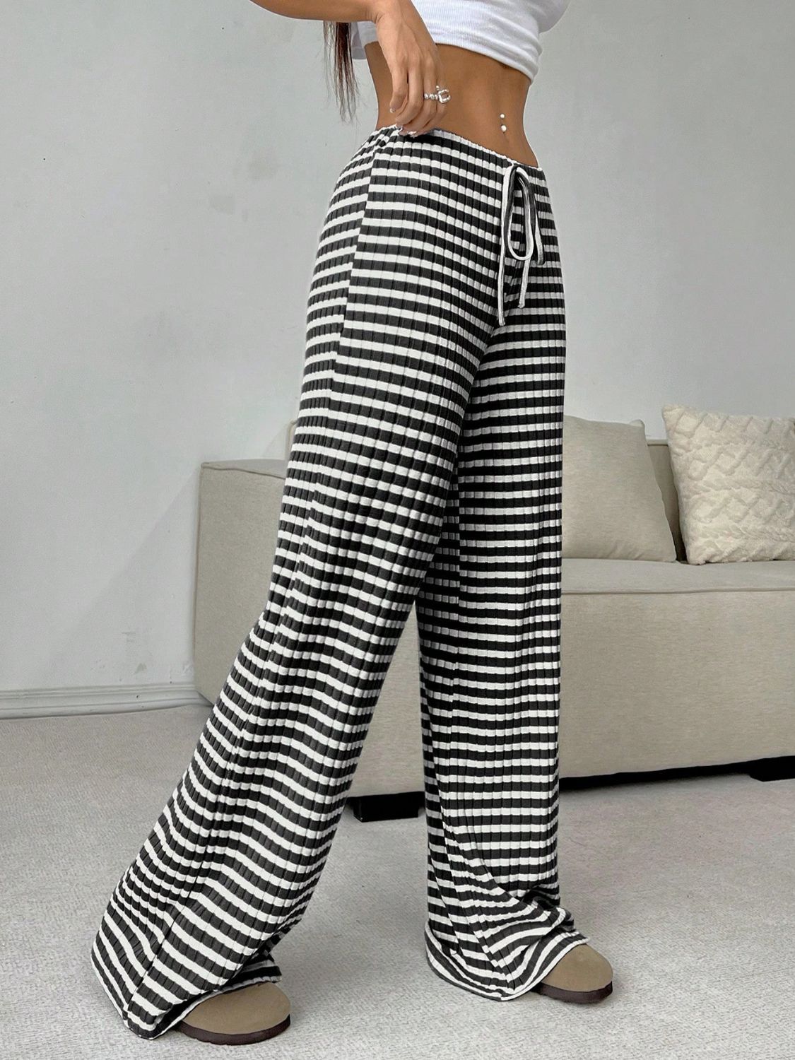 Tied Striped Wide Leg Pants (pink/grey/black/blue/taupe)-SMALL-2XL