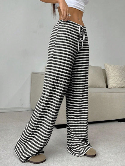Tied Striped Wide Leg Pants (pink/grey/black/blue/taupe)-SMALL-2XL