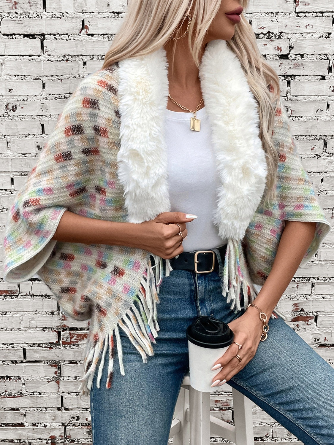 Fringe Fuzzy Open Front Poncho (cream/pink/brown/blue/khaki) ONE SIZE