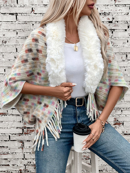 Fringe Fuzzy Open Front Poncho (cream/pink/brown/blue/khaki) ONE SIZE