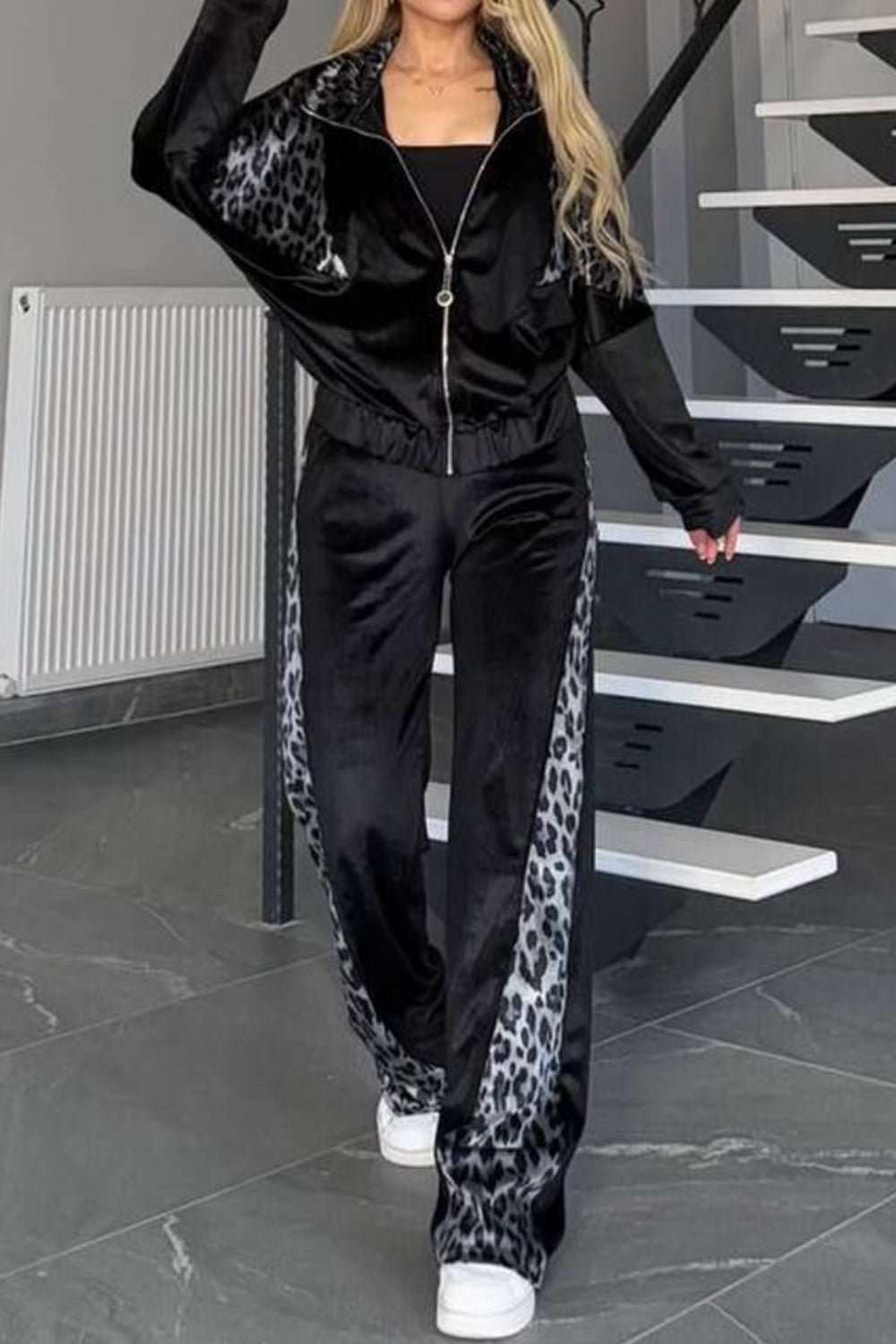 Full Size Collared Neck Leopard Zip Up Top and Pants Set Plus Size (grey/black/camel)-SMALL-3XL