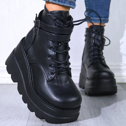 PU Leather Lace-Up Wedge Boots (white or black)