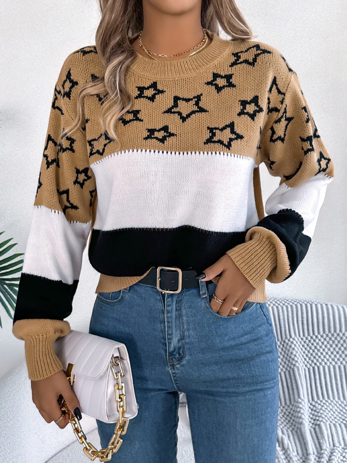 Star Contrast Round Neck Sweater-SMALL-XL