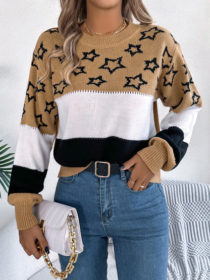 Star Contrast Round Neck Sweater-SMALL-XL
