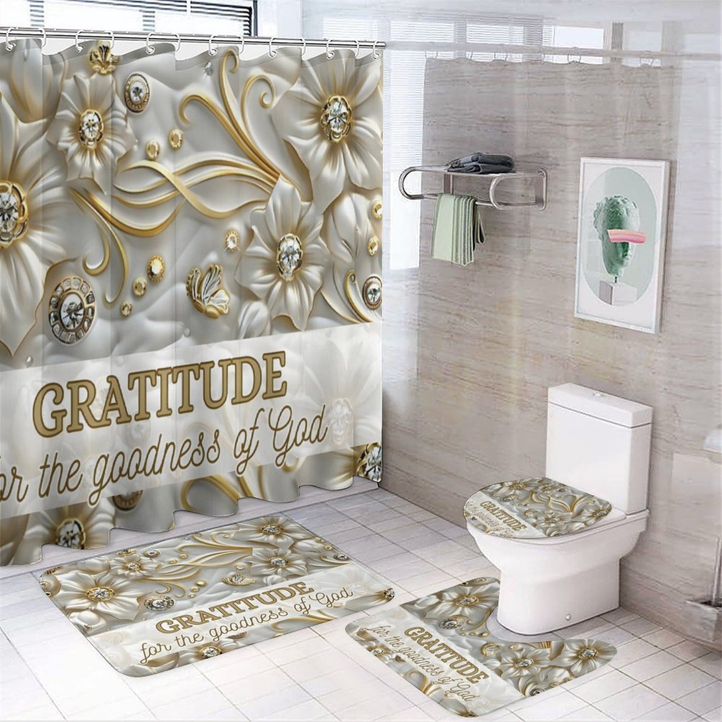 Shower Curtain Set with 3 Rugs