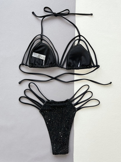 Glitter Halter Neck Strappy Two-Piece Bikini Set-S/M/L