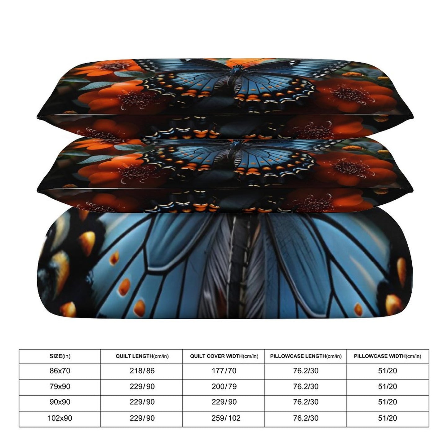 3-Piece Bedding Set-90"x90"/ 229x229cm (Dual-sided Printing)-BLUE BUTTERFLY