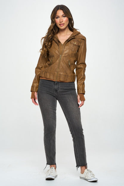 Coalition LA Double Zip Hooded Long Sleeve Vegan Leather Jacket-S-XL
