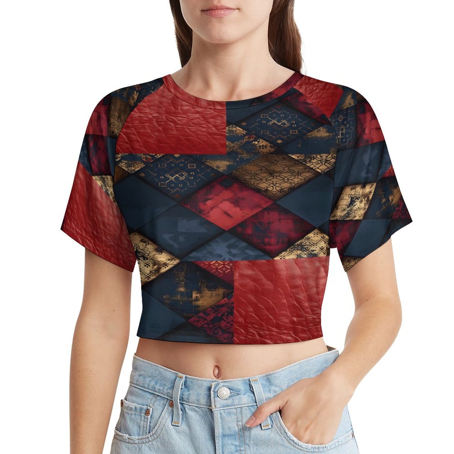 TRIANGLES & LEATHER Short Sleeve Crop Top-SMALL-3XL