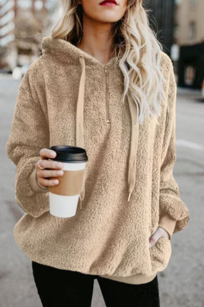 Full Size Quarter-Zip Drawstring Teddy Hoodie (many colors)-SMALL-3XL