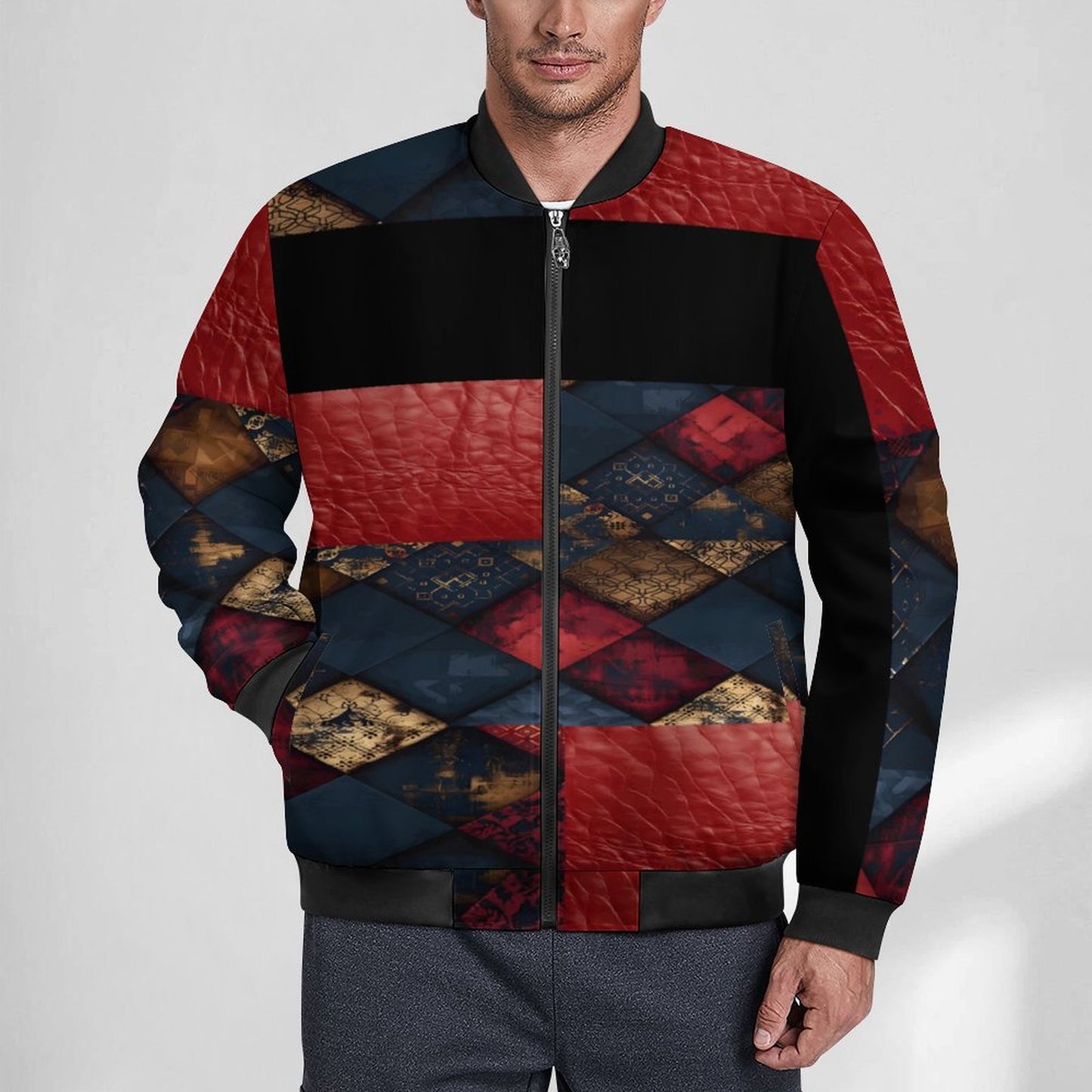 TRIANGLES & LEATHER Zipper Bomber Jacket-SMALL-5XL