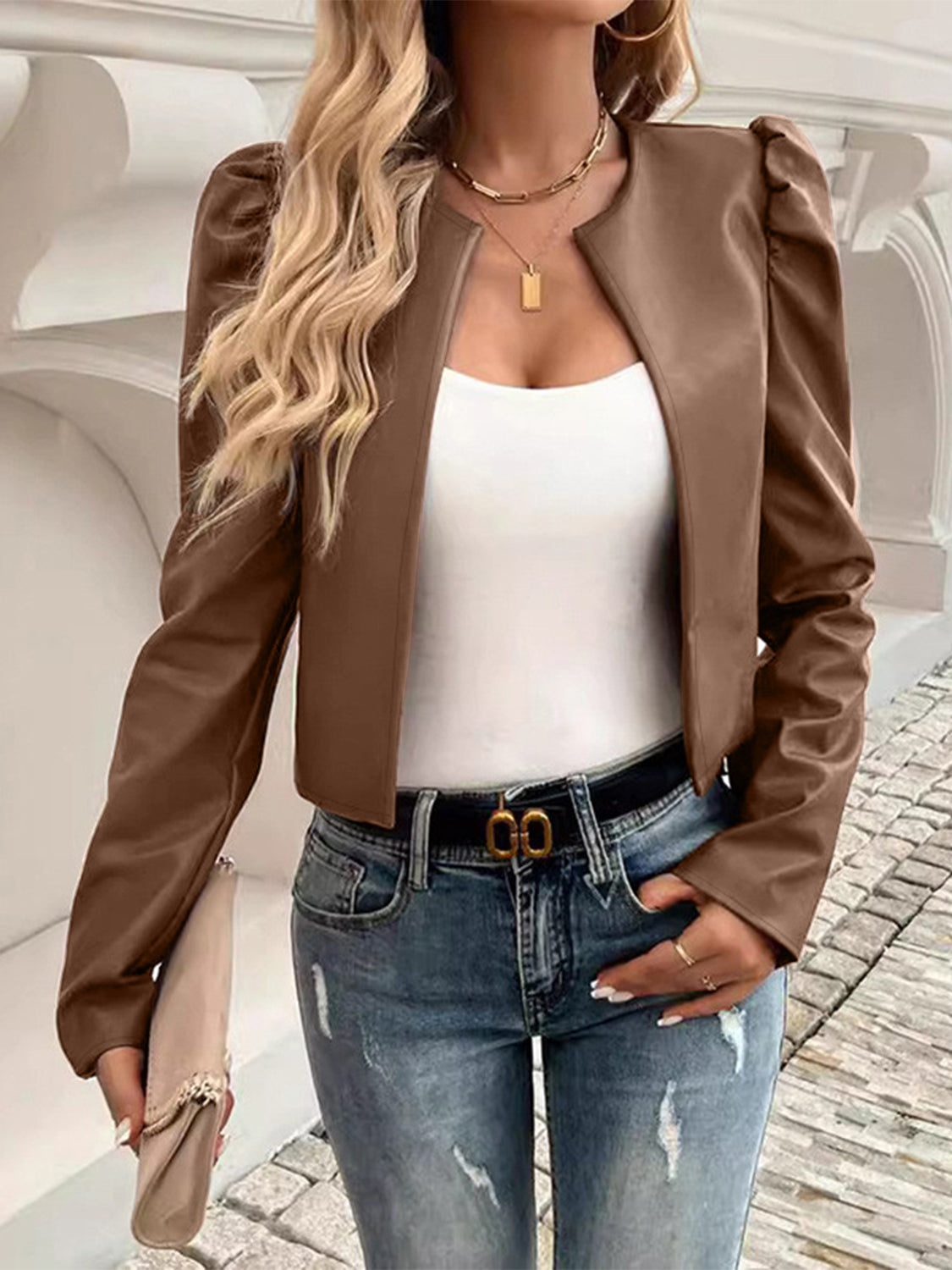 PU Leather Open Front Puff Sleeve Jacket (caramel/black/burgundy)-SMALL-XL