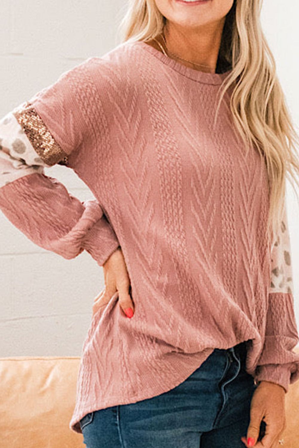 Sequin Leopard Round Neck Long Sleeve Sweater-SMALL-XL