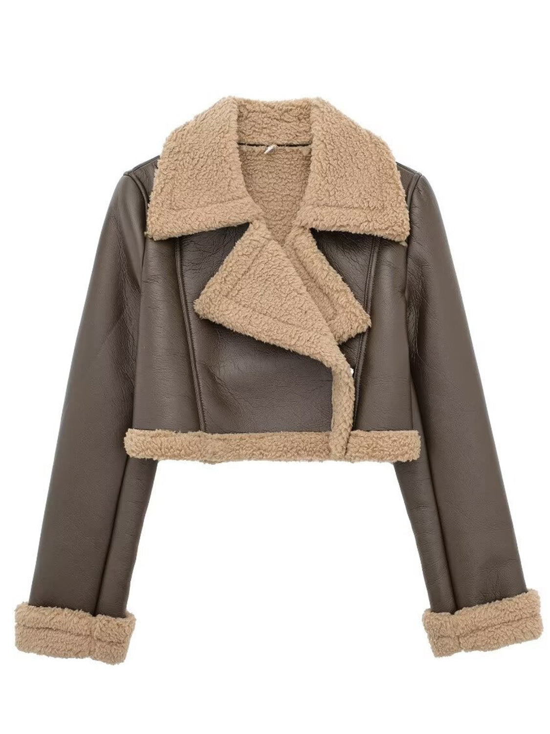 Collared Neck Long Sleeve Plush Cropped Leather Jacket (chocolate & white/black & white/mustard & white/black & reddish brown/brown & reddish brown/coffee brown/burgundy)-SMALL-LARGE