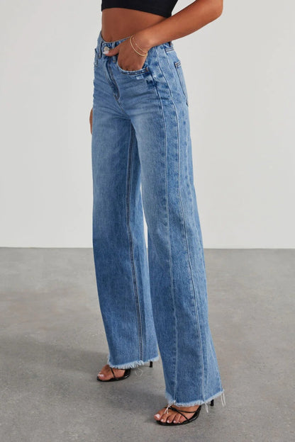 Raw Hem Wide Leg Jeans with Pockets-SMALL-XL