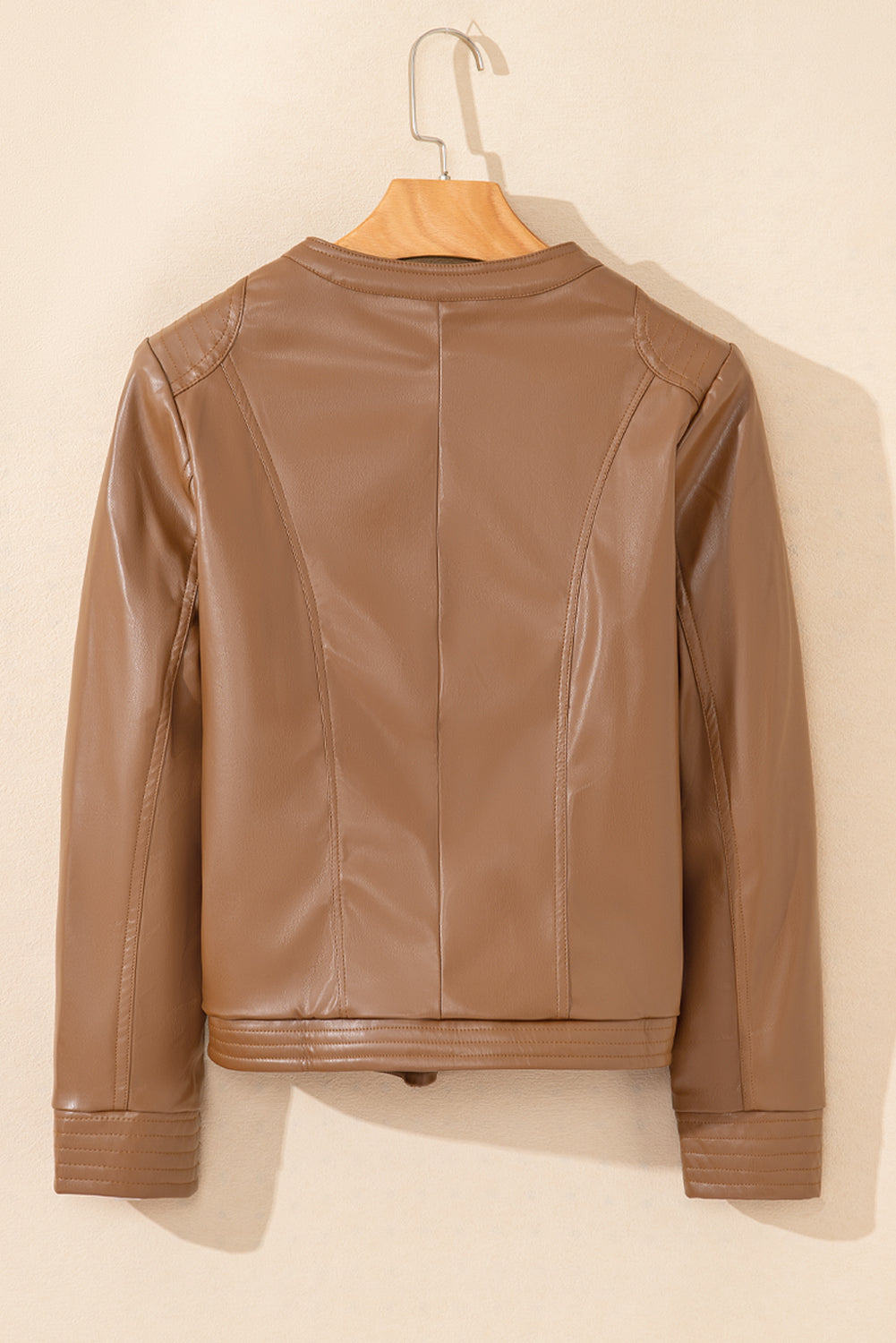 PU Leather Round Neck Long Sleeve Jacket (green/taupe/black)-SMALL-XL