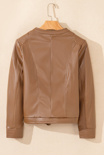 PU Leather Round Neck Long Sleeve Jacket (green/taupe/black)-SMALL-XL