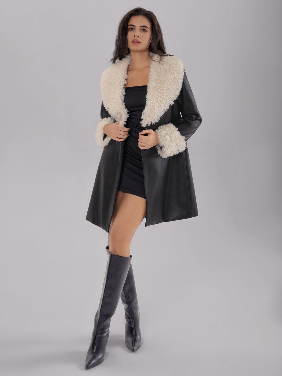 Fuzzy Long Sleeve Longline PU Leather Coat-SMALL-XL