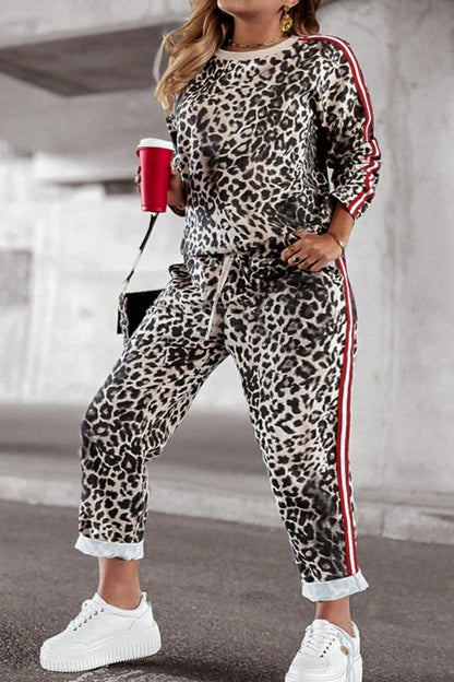 Plus Size Leopard Round Neck Top and Pants Set (camel/pastel yellow/white)-1XL-5XL