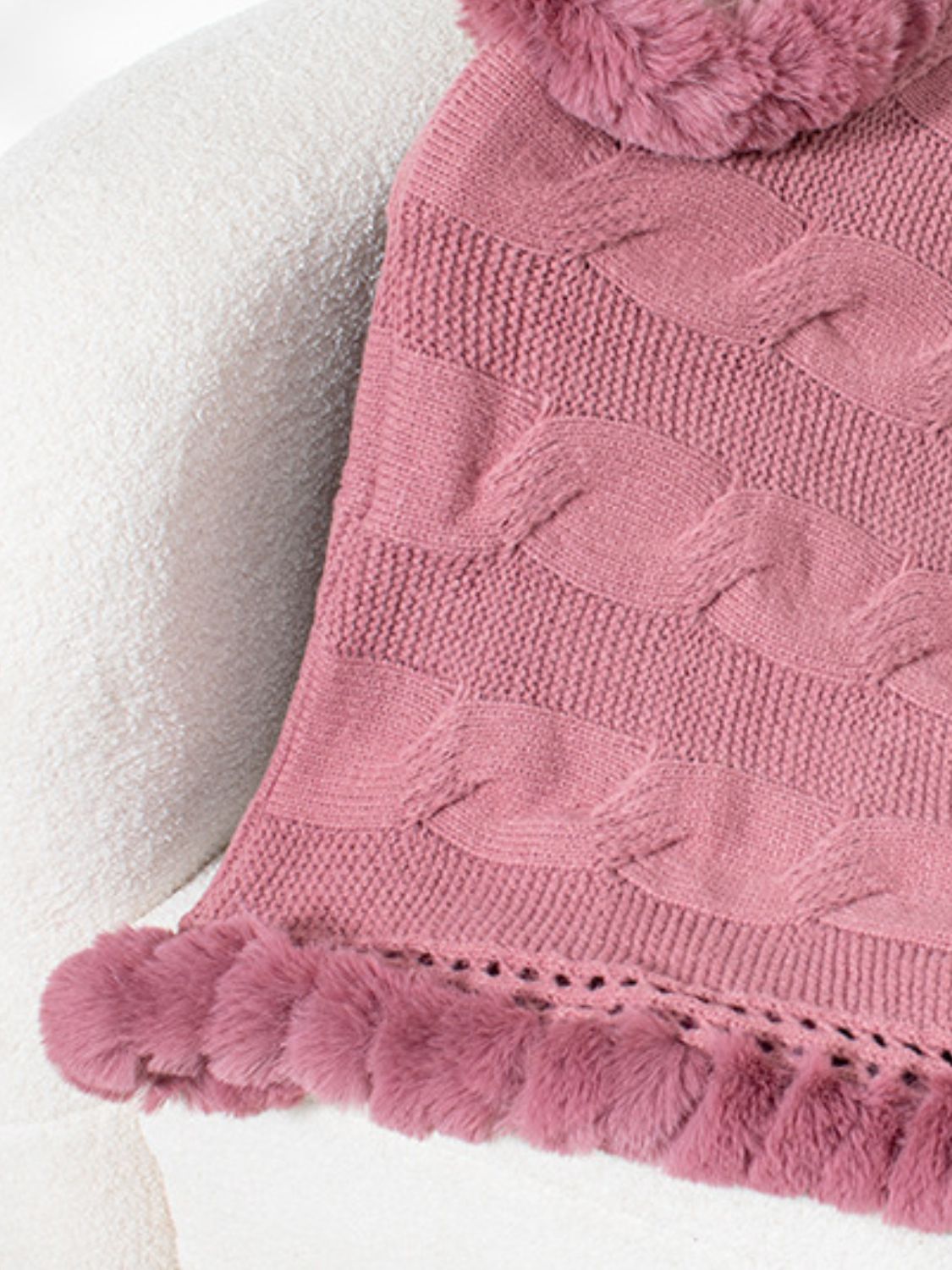 Fuzzy Hem Cable-Knit Poncho (mocha/gold/pink/eggshell/grey/black)
