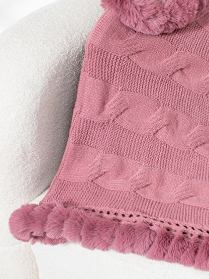 Fuzzy Hem Cable-Knit Poncho (mocha/gold/pink/eggshell/grey/black)