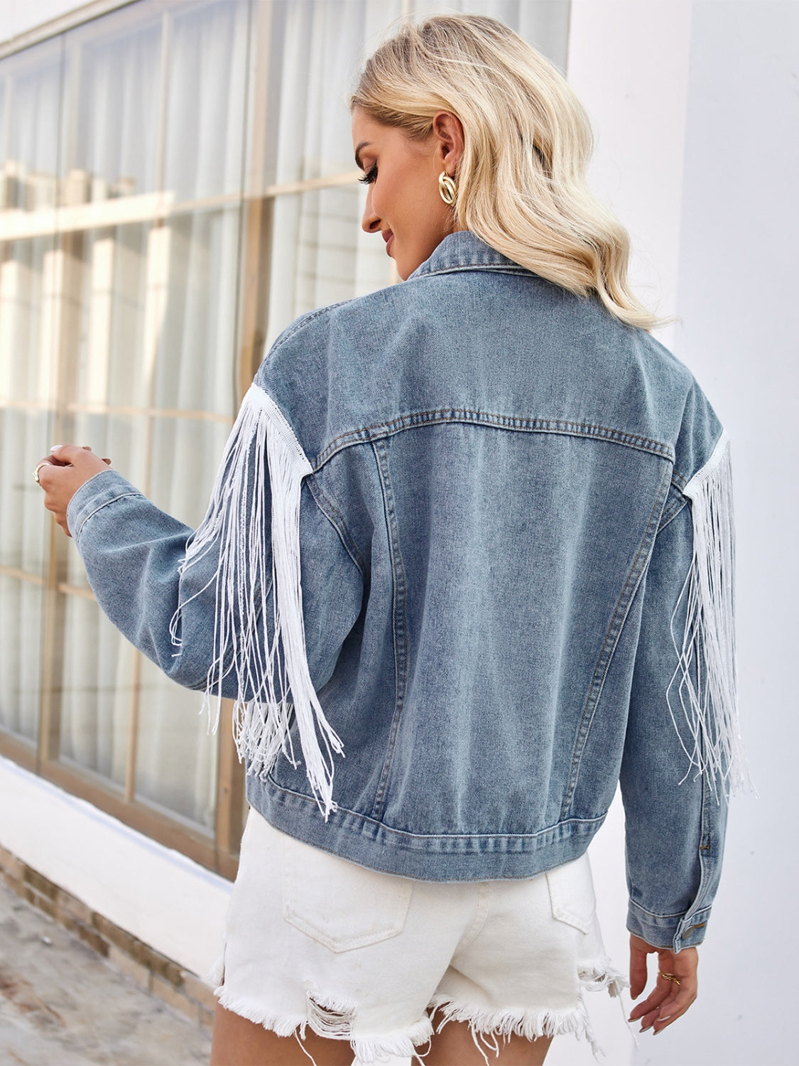 Tassel Button Up Dropped Shoulder Denim Jacket-SMALL-XL (blue or black)
