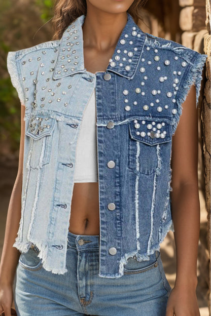 Pearl Raw Hem Sleeveless Denim Jacket-small-XL