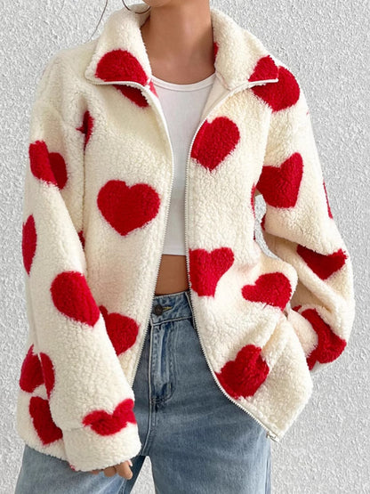 Heart Zip Up Drop Shoulder Furry Jacket (red/brown/black)-SMALL-2XL