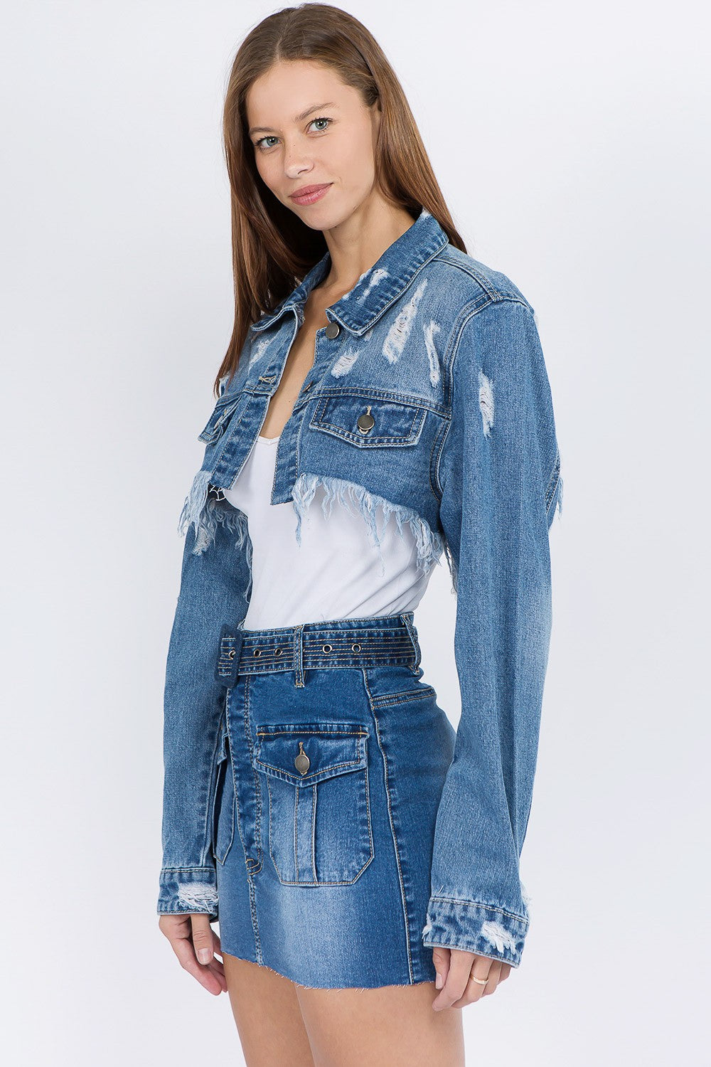 American Bazi Distressed Denim Jacket with Frayed Hem (S/M/L)
