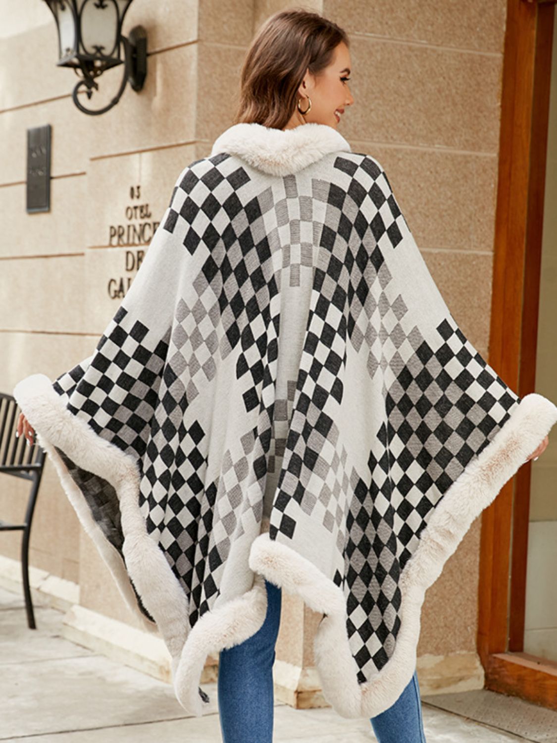 Fuzzy Checkered Long Sleeve Poncho (beige/tan/pink/navy/black)