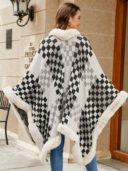 Fuzzy Checkered Long Sleeve Poncho (beige/tan/pink/navy/black)