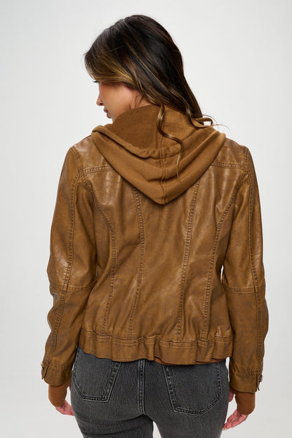 Coalition LA Double Zip Hooded Long Sleeve Vegan Leather Jacket-S-XL