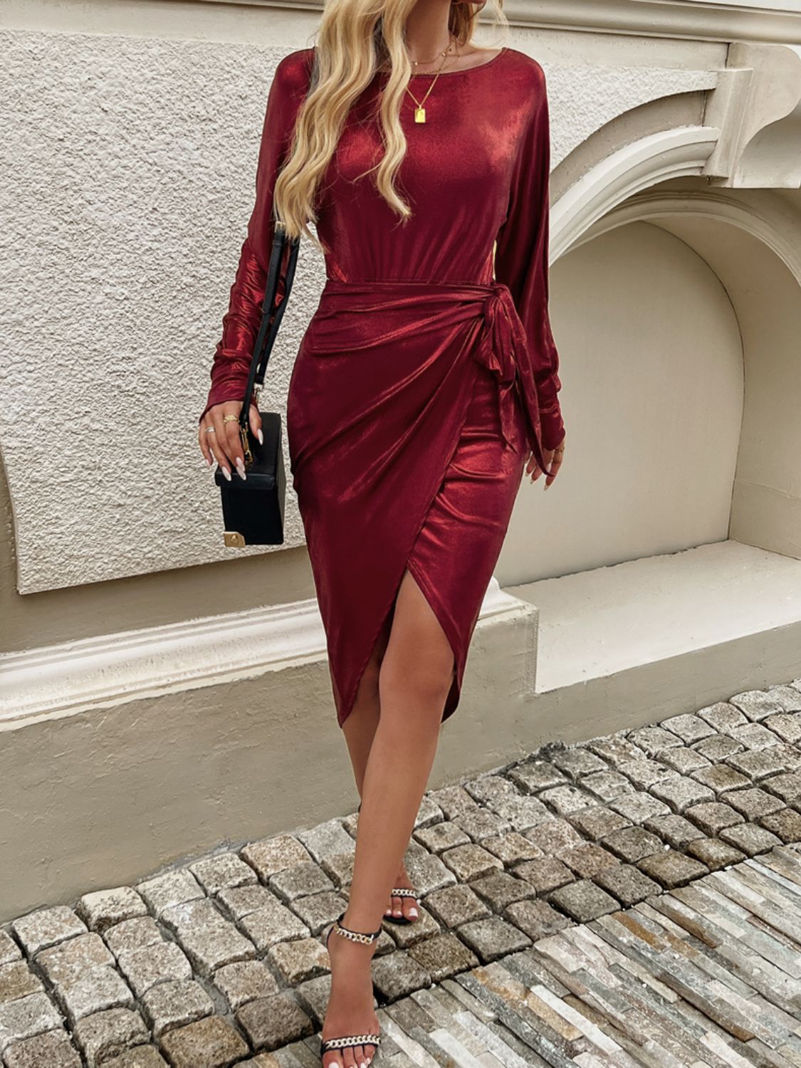 Devine Tied Boat Neck Long Sleeve Dress (black/deep red/gold/silver)-SMALL-XL