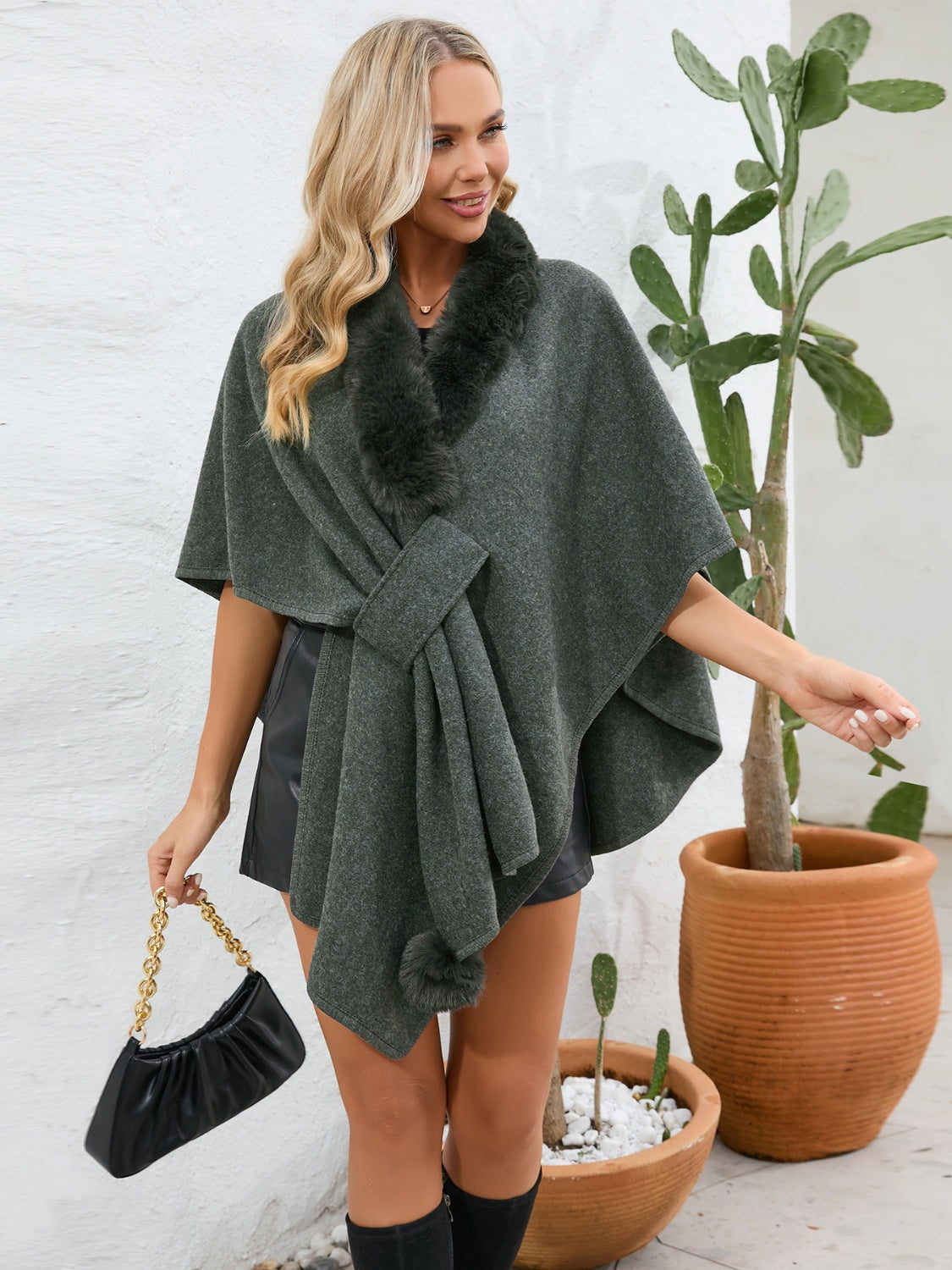 Fuzzy Trim Open Front Poncho (grey/black/green/cream/mocha/camel)
