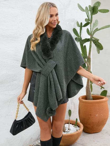 Fuzzy Trim Open Front Poncho (grey/black/green/cream/mocha/camel)