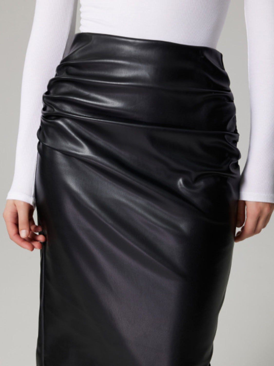 Slit Back Ruched Midi PU Leather Skirt-SMALL-XL