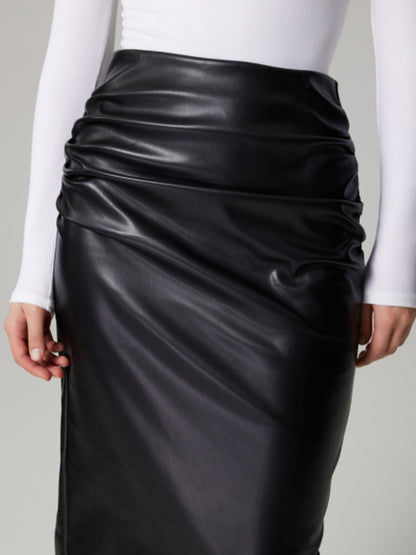 Slit Back Ruched Midi PU Leather Skirt-SMALL-XL