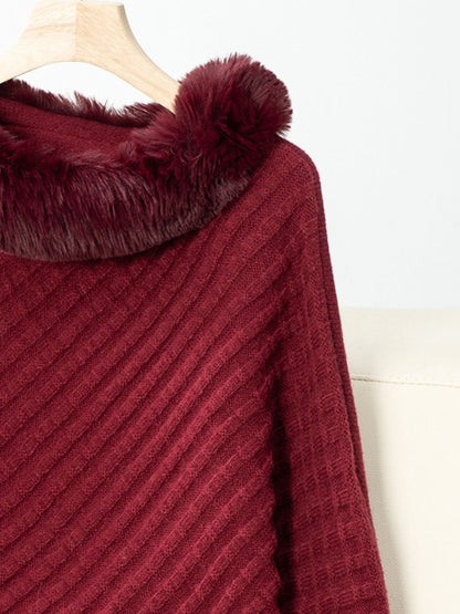 Fuzzy Trim Texture Three-Quarter Sleeve Poncho (beige/camel/grey/brown/black/burgundy)