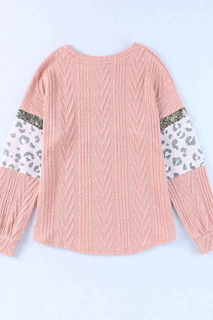 Sequin Leopard Round Neck Long Sleeve Sweater-SMALL-XL