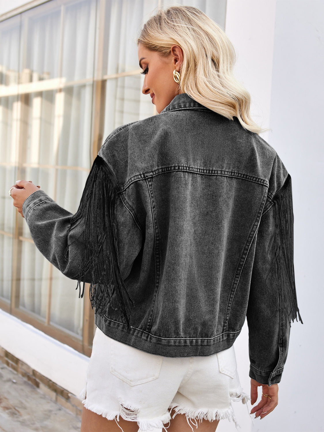 Tassel Button Up Dropped Shoulder Denim Jacket-SMALL-XL (blue or black)