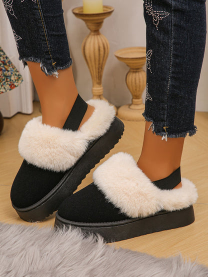 Faux Fur Round Toe Platform Slippers (beige/black/caramel)