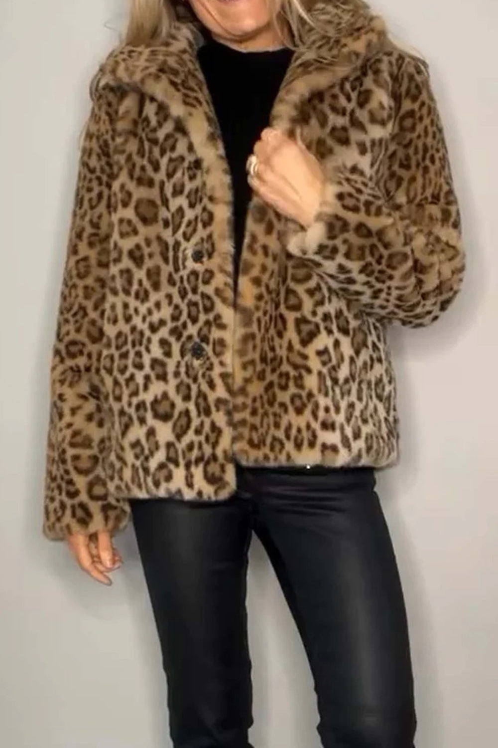 Full Size Leopard Fur Collared Neck Long Sleeve Coat (camel/grey/blue/cerise or red/pink)-SMALL-3XL