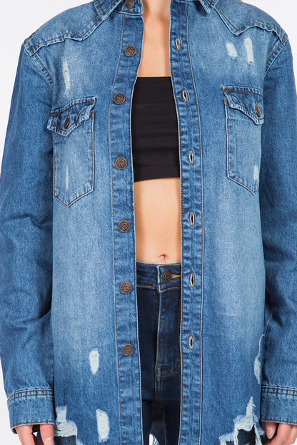 American Bazi Distressed Frayed Hem Denim Jacket (S/M/L)